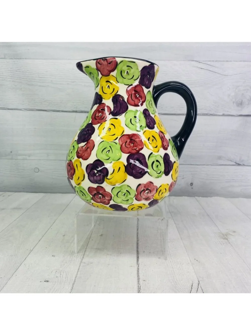 Pier 1 One MULTICOLORED FLORAL Black Trim Hand Painted Ceramic 80oz Pitcher